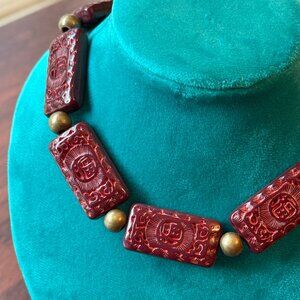 Vintage 1960s Faux Cinnabar and Brass Necklace